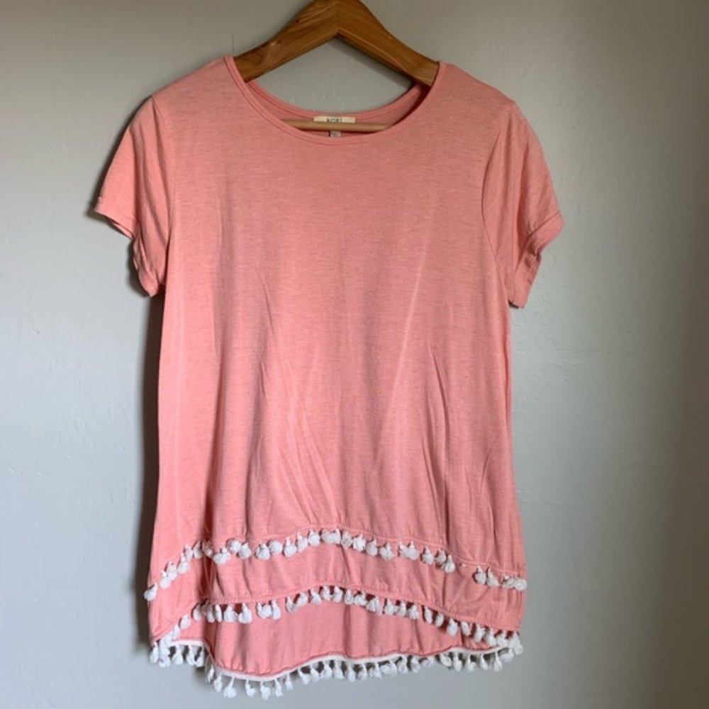 Peach Short Sleeve Shirt with Pom-Pom Hem